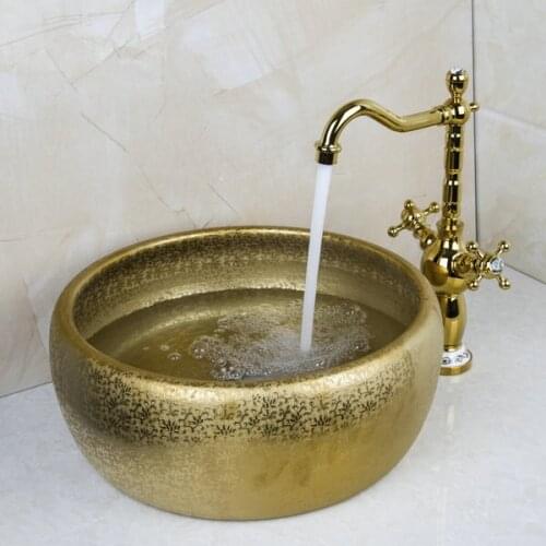 Double Handle Faucet Round Paint Golden Bowl Sinks / Vessel Basins Washbasin Ceramic Basin Sink & Faucet Tap Set 46049836