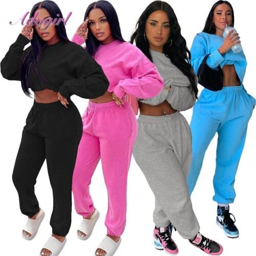 Fitness Sportwear Two Piece Set Women Sport Tracksuit Solid Long Sleeve Crop Tops Hoodies Joggers Pants Suit Autumn Matching Set