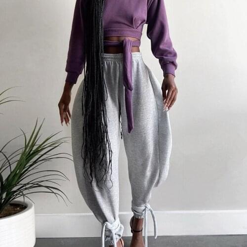 High Waist Gray Sweatpants Ankle Lace Up Loose Streetwear Casual Harem Pants Autumn Winter Trousers Sporty Fashion