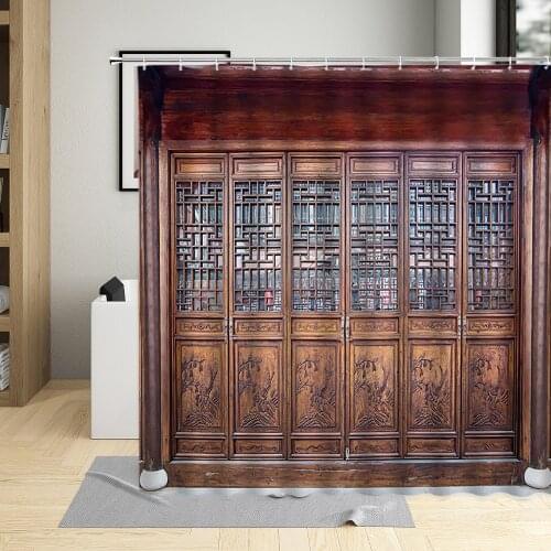 Vintage Old Wooden Door Window Shower Curtains Chinese Style Retro Building Bathroom Decor Polyester Cloth Hanging Curtain Sets