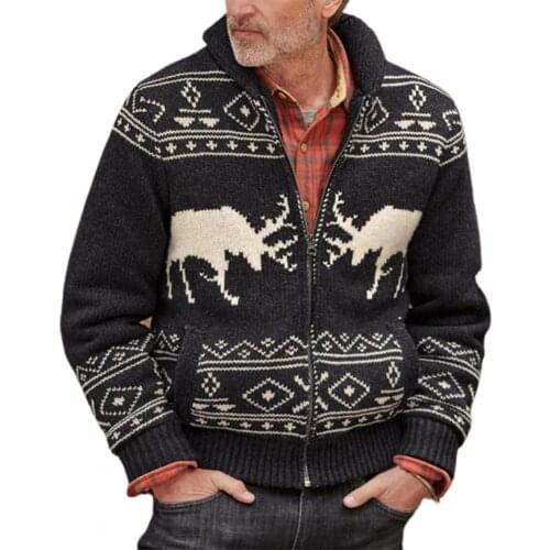 Knitted Coat Elk Pattern Christmas Warm Stand Collar Thick Male Sweater Jacket for Winter Wholesale Dropshipping 2021 New