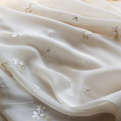 Bright Silk Glittering Satin Embroidered Fabric Small Floral Chiffon Yarn Fabric For Dress Designer Fabric