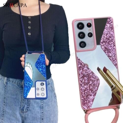 Bling Glitter Makeup Mirror Phone Case For Samsung Galaxy S21 S20 Ultra S20FE S10 A32 A52 A72 Necklace Lanyard Shockproof Cover