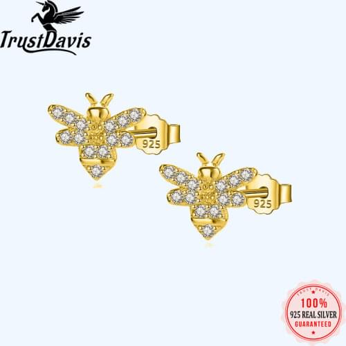 TrustDavis Real 925 Sterling Silver Fashion Sweet Insect Bees CZ Stud Earrings For Women Wedding Valentines Day Jewelry H114