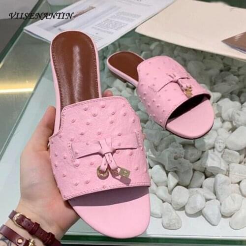 Metal Lock Decor Women Slipper Shoe Real Leather Tassel Fringe Solid Color Open Toe 2020 Summer Mules Flat Comfortable Slides