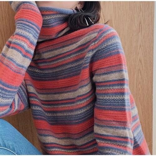 Smpevrg fashion stripe women sweater 100% wool knitted sweater women pullover long sleeve turtleneck pull femme jumper soft warm
