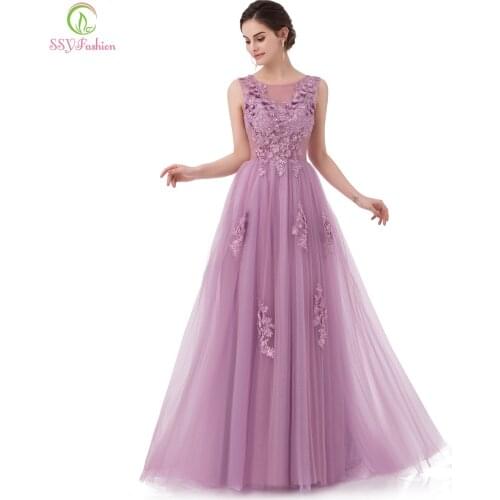 SSYFashion New Sweet Lace Evening Dress Purple Pink Appliques with Beading Sleeveless Floor-length Long Prom Party Gowns