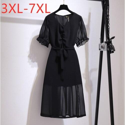 New 2021 Ladies Summer Plus Size Midi Dress For Women Large Short Sleeve Black Belt Chiffon V-neck Dress 3XL 4XL 5XL 6XL 7XL