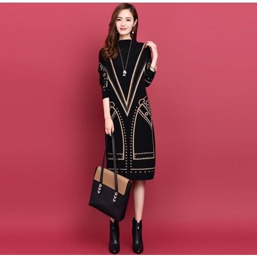Vintage Print Loose Straight Knee Length Dress Women Autumn Winter Half High Neck Casual Elegant Bodycon Sweater Knit Dresses
