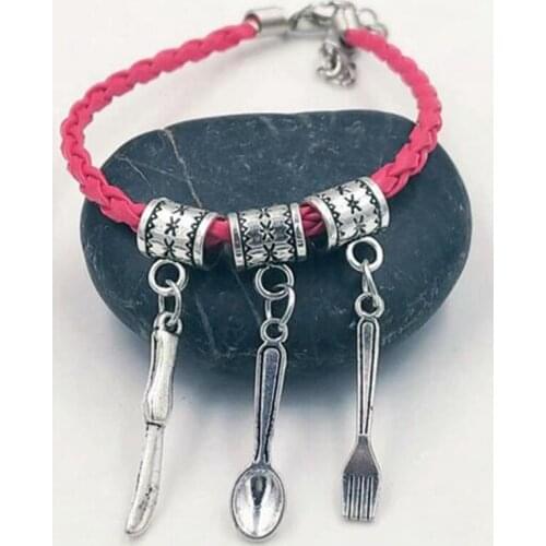 1pcs Woven Leather Bracelets Knife Fork Spoon Charm Pendant Multicolor Leather Braided Rope Bracelet Women