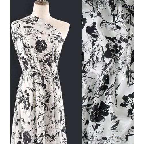 140CM 16MM Black Floral Print White Silk Crepe De Chine Fabric for Summer Dress Blouse Skirt Shirt Pants Y004