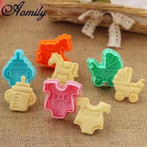 Aomily 4Pcs/Set Cookies Biscuit Plunger Cutter Fondant Cake Mould Baby Pram Clothes Rocking Horse Milk Bottle Baking Decorating