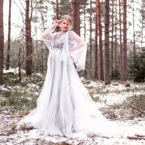 Silver Sequins Long Maternity Dress Beaded Baby Shower Maternity Gown Photoshoot Lingerie Bathrobe Nightwear Pregnancy Dresses