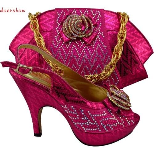 Doershow Hot sale Italian style shoes matching with bags with rhinestone fuchsia shoes and bag sets for party !HQJ1-12