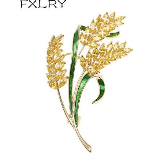 FXLRY Trendy Jewelry Gold Color Copper Wheat Brooches For Women Yellow Crsystal Zircon Brooch Fashion Wedding Gift