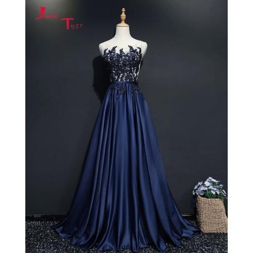 Jark Tozr New Arrive Navy Blue Satin Evening Dresses Abendkleider Beading Crystal Appliques Flowers Formal Gowns Vestido