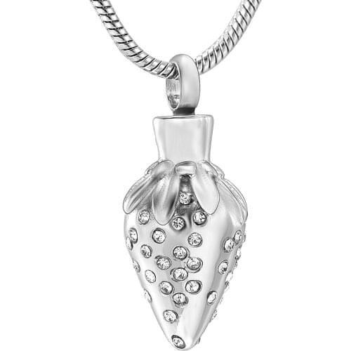 K12130 Unique Crystal Inlay Strawberry Cremation Jewelry for Ashes Pendant Urns Stainless Steel Memorial Necklace for Men/Women