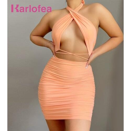 Karlofea Sexy Midnight Date Outfits Ruched Bodycon Mini Dresses Fashion Cross Halter Party Clothes Summer Mejur Vacation Vestido