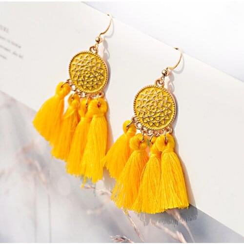 Fashion Women Bohemia Yellow Long Tassel Earrings 2019 Ethnic Boho Summer Flower Alloy Fringe Earrings Dangle Earrings Jewelry