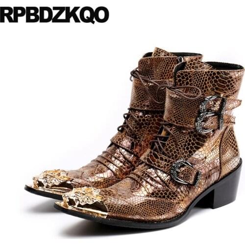 Metalic Gold Motorcycle Party Pointed Toe Snakeskin Shoes Chunky Ankle Plus Size Full Grain Leather Punk Mens High Heel Boots