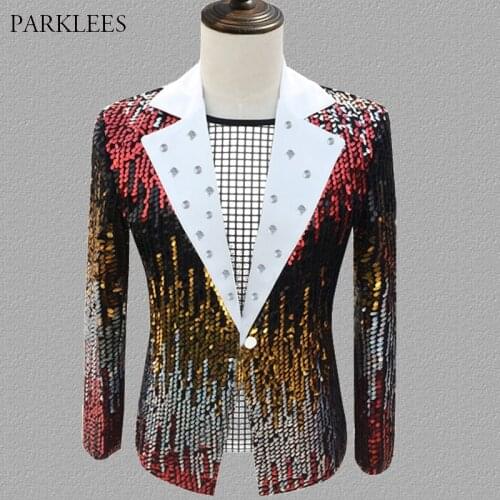 Mens Sequin Suit Jacket Slim Fit Stylish Diamond Dress Tuexdo Blazer Stage Party Dance Singer Nightclub Costume Blazer Masculino