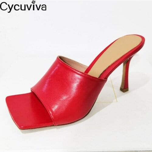 High Quality Square Toe Mules Slippers High Heels Leather Shoes Women Black Gold Summer Sandals Runway Party Dress Shoes Woman