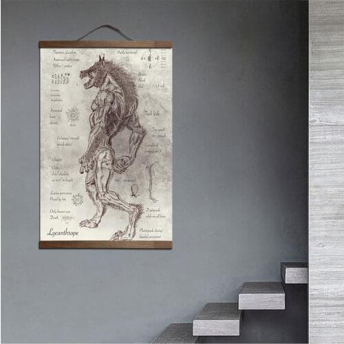 Wall Art Decor Werewolf Posters and Prints Canvas Painting Home Decor Decorative Picture Scroll Painting with Black walnut wood