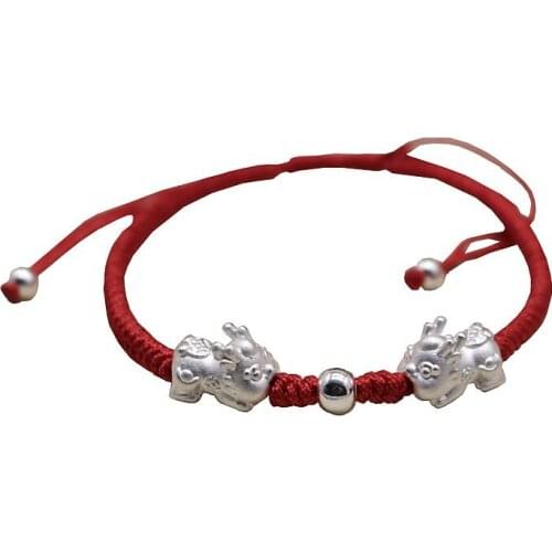 New Fine Real S990 Silver Pixiu Baby with Red Cord Weave Link Chain Bracelet 6.3inch