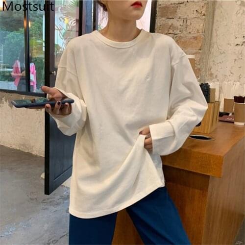 Solid Basic Embroidered Women T Shirt Tees Spring Autumn Full Sleeve O-neck Loose Casual Fashion Tops Pullovers T-shirts 2021