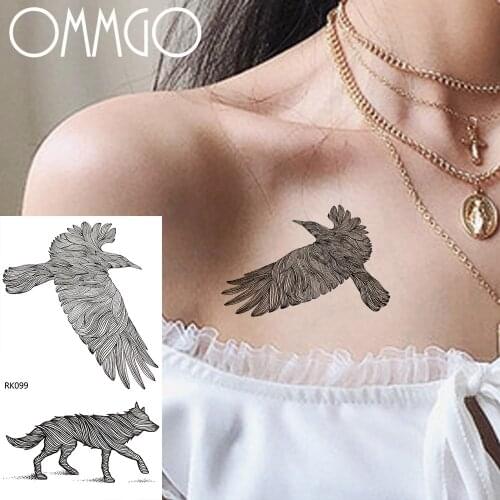 OMMGO Sketch Line Eagle Wolf Temporary Tattoos For Men Sticker Fake Tattoo Body Art Arm Tribal Black Minimalist Custom Tatoos