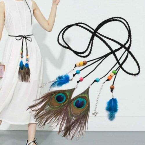 New Accessories Decorative Leaf Folk-Custom Peacock Braided Feather Waist Chain Thin Belt Girdle Belt for Women F0071