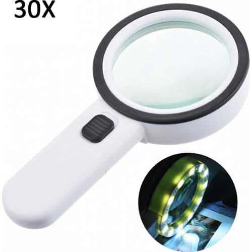 Handheld 30X Illuminated Magnifier 12LED Lights High Magnification Magnifying Glass Aid Reading for Seniors loupe Jewelry Repair