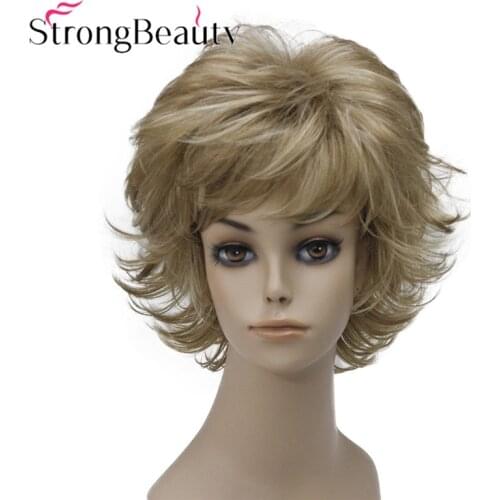 StrongBeauty Short Synthetic Wigs Blonde Natural Wavy Fluffy Layered Cut Wigs With Bangs