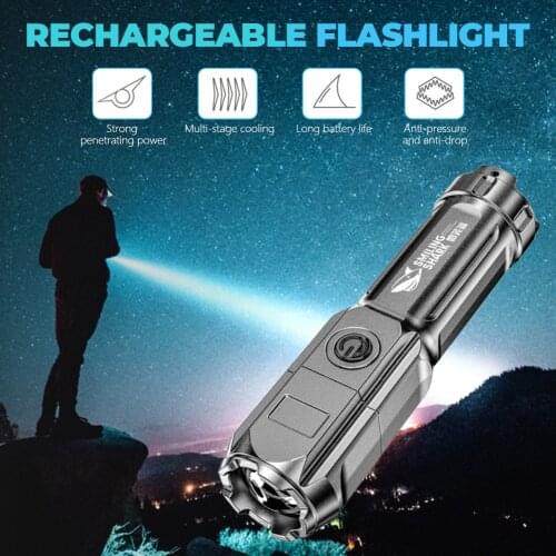Strong Light Flashlight T6 LED USB Rechargeable Tactical Torch Waterproof Searchlight Built-in 1200mAh Battery for Camping Hunt
