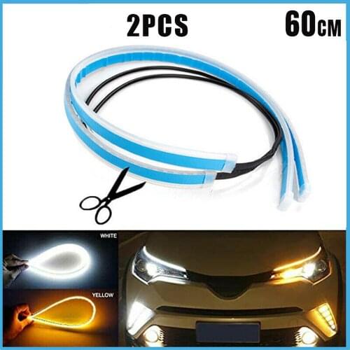 2pcs LED DRL Car Daytime Running Light Flexible Waterproof Strip White Turn Signal Yellow Brake Flow Lights Auto Headlights 12V