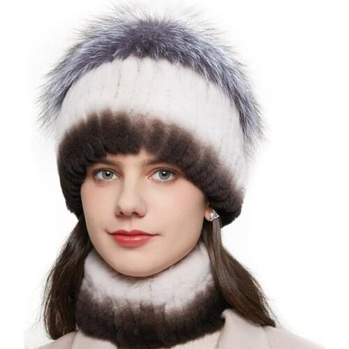 HY-12 Rex Rabbit Fur Woven Womens Leather Straw Skullies & Beanies Fox Fur Thickened Autumn and Winter Womens Knitted Hat Suit