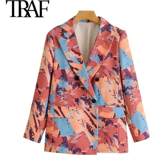 TRAF Women Fashion Double Breasted Print Blazer Coat Vintage Long Sleeve Pockets Female Outerwear Chic Tops