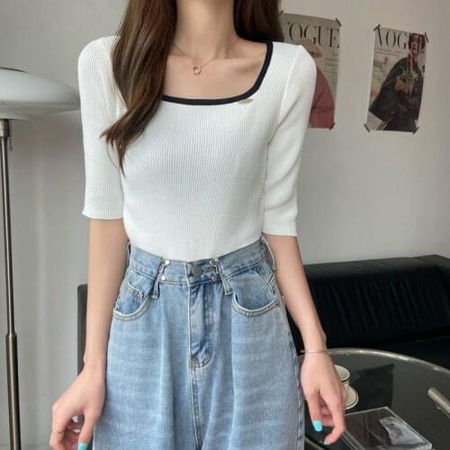 Summer Regular Knitted Sweater Women Solid Short Sleeve O-Neck T-Shirt Female 2021 New Korean Slim Top Tee Cotton Tshirt Girls