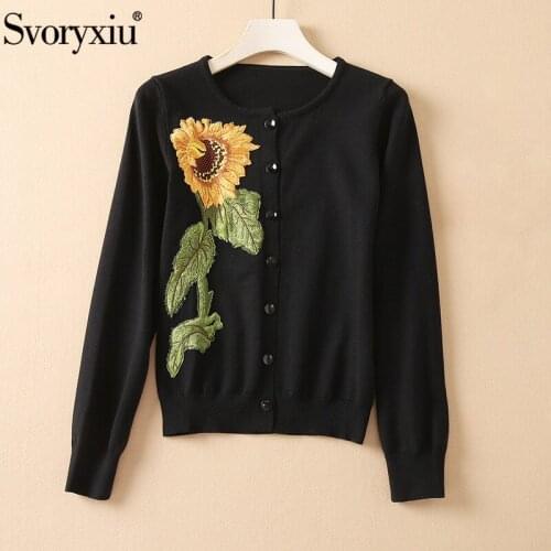 Svoryxiu Autumn Fashion Woman Black Casual Cardigan O-Neck Loose Single Breasted Sunflower Pattern Knitted Female Sweater Coat