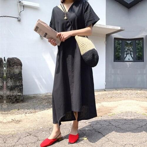 2021 Korean Fashion Summer Womens Dress Loose Casual Solid Color Irregular Thin V-neck Two Wear Summer