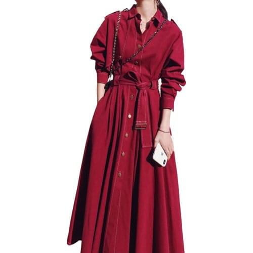 2020 Autumn Turn Down Long Sleeve Casual Maxi With Belt Trench Style Women Dress Vestidos