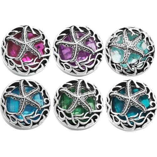 10pcs/lot Mixed Colors Hollow Box Beauty Crystal Starfish Metal Snap Button fit 18mm Snap Bracelets Bangles Women Snaps Jewelry