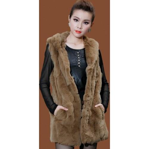2020 Fashion Natural Rex Rabbit Fur Vest Hooded Winter Female Jacket Real Fur Coat Long Slim Waistcoat for Women 8120008