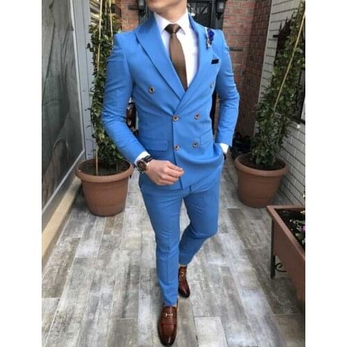 2020 Blue Suit Mens Wedding Suits Custom Made Slim Fit Business Suit Men Fashion Groom Tuxedos 2 Piece Set (Jacket+Pants)