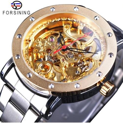 Forsining Fashion Transparent Royal Golden Open Work Skeleton Wristwatch Men Top Brand Luxury Silver Steel Mechanical Male Clock