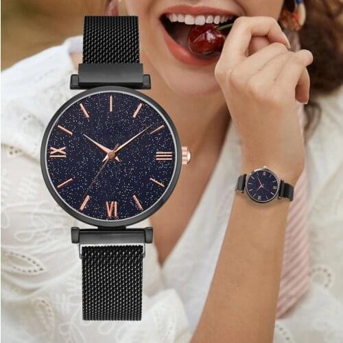 Tendencia de mujer 2020 Alloy Mesh Strap Ladies Watch Starry Dial Women Watch Fashion Magnet Buckle Ladies Watch orologio donna