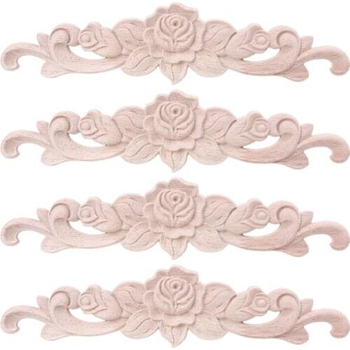 4pcs Wood Carved Onlay Appliques for Furniture Cabinet Unpainted Frame Wooden Mouldings Decal Home Decoration 85DA