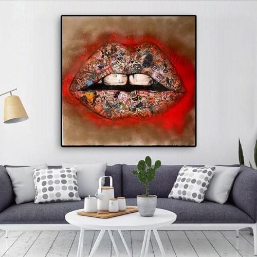 Red Lip Graffiti Art Posters and Prints Wall Canvas Painting Street Graffiti Mouth Wall Art Picture for Living Room Home Decor