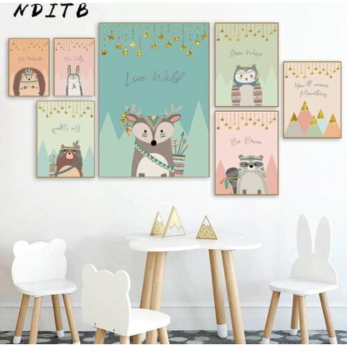 Tribal Woodland Animal Poster Nursery Canvas Wall Art Print Fox Owl Bear Painting Nordic Kids Decoration Picture Bedroom Decor