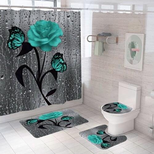 Rose Floral Flower Shower Curtain and Bath Mat Set with Hooks Anti Skid Bathroom Carpet Toilet Foot Pad 3D Waterproof 4pcs Cover